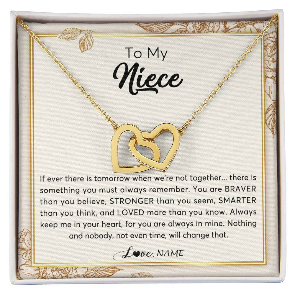 Interlocking Hearts Necklace 18K Yellow Gold Finish | Personalized To My Niece Necklace From Aunt Auntie Uncle Braver Stronger Smarter Loved Niece Jewelry Birthday Christmas Customized Gift Box Message Card | siriusteestore
