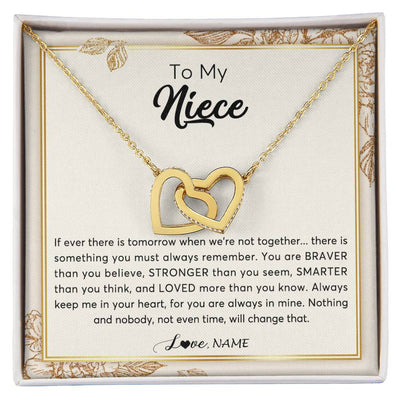 Interlocking Hearts Necklace 18K Yellow Gold Finish | Personalized To My Niece Necklace From Aunt Auntie Uncle Braver Stronger Smarter Loved Niece Jewelry Birthday Christmas Customized Gift Box Message Card | siriusteestore