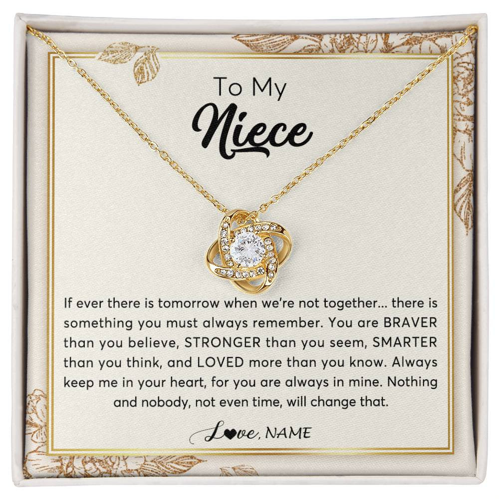 Love Knot Necklace 18K Yellow Gold Finish | Personalized To My Niece Necklace From Aunt Auntie Uncle Braver Stronger Smarter Loved Niece Jewelry Birthday Christmas Customized Gift Box Message Card | siriusteestore