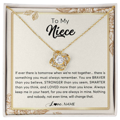 Love Knot Necklace 18K Yellow Gold Finish | Personalized To My Niece Necklace From Aunt Auntie Uncle Braver Stronger Smarter Loved Niece Jewelry Birthday Christmas Customized Gift Box Message Card | siriusteestore