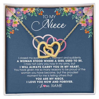 Interlocking Hearts Necklace 18K Yellow Gold Finish | Personalized To My Niece Necklace From Aunt Auntie Uncle I Love You Now And Forever Jewelry For Niece Birthday Graduation Christmas Customized Message Card | siriusteestore