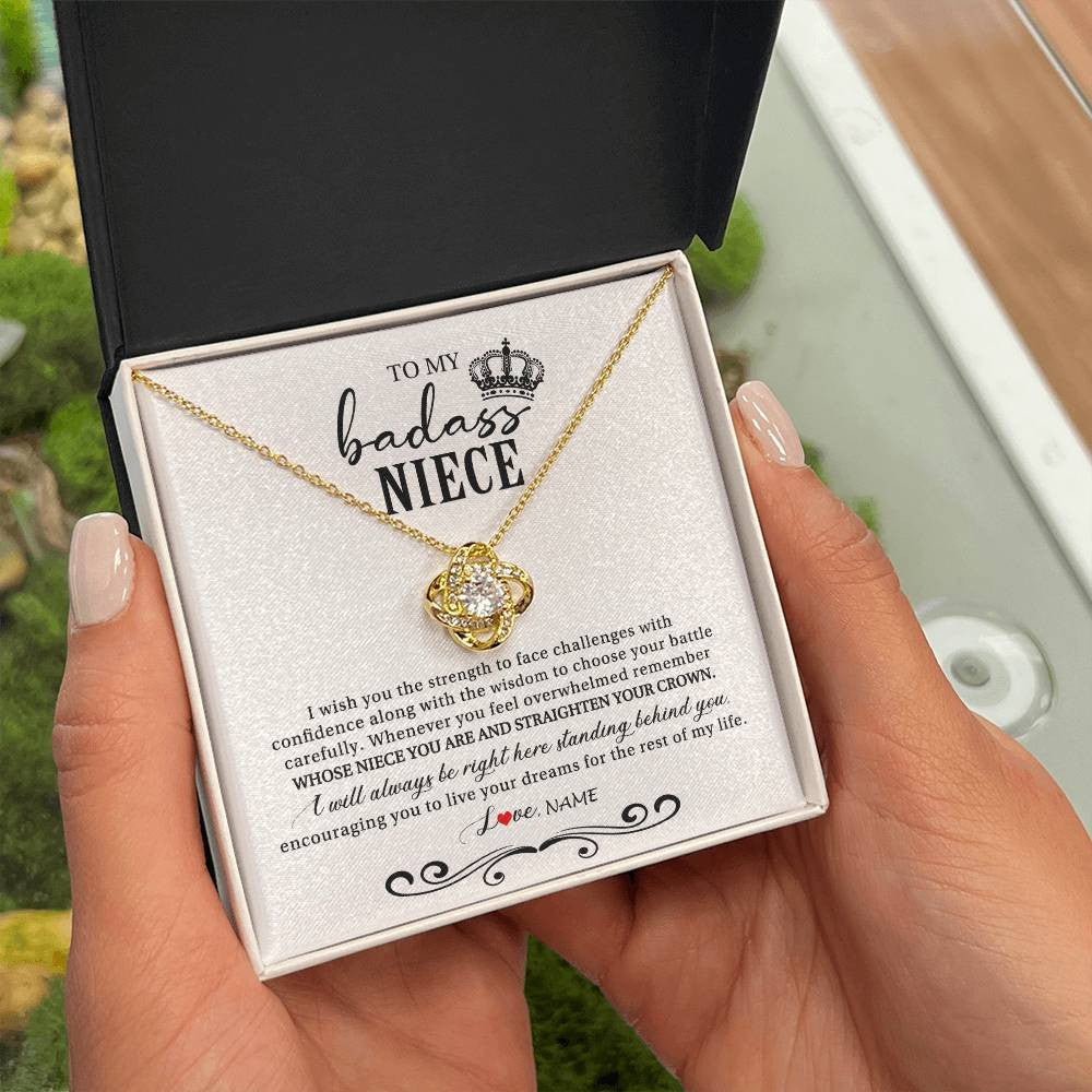 Love Knot Necklace 18K Yellow Gold Finish | Personalized To My Niece Necklace From Aunt Auntie Uncle Wish You The Strength Niece Birthday Christmas Graduation Jewelry Customized Gift Box Message Card | siriusteestore