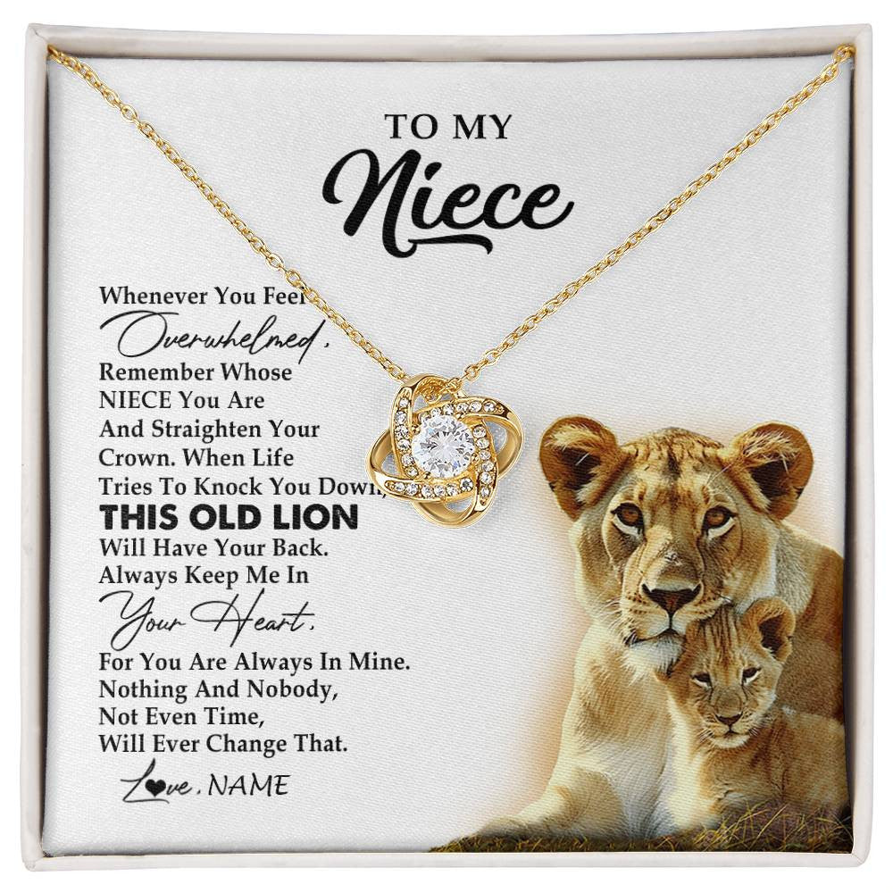 Love Knot Necklace 18K Yellow Gold Finish | 1 | Personalized To My Niece Necklace From Aunt Auntie Whenever You Fell Overwhelmed Lion Niece Birthday Graduation Christmas Customized Gift Box Message Card | siriusteestore