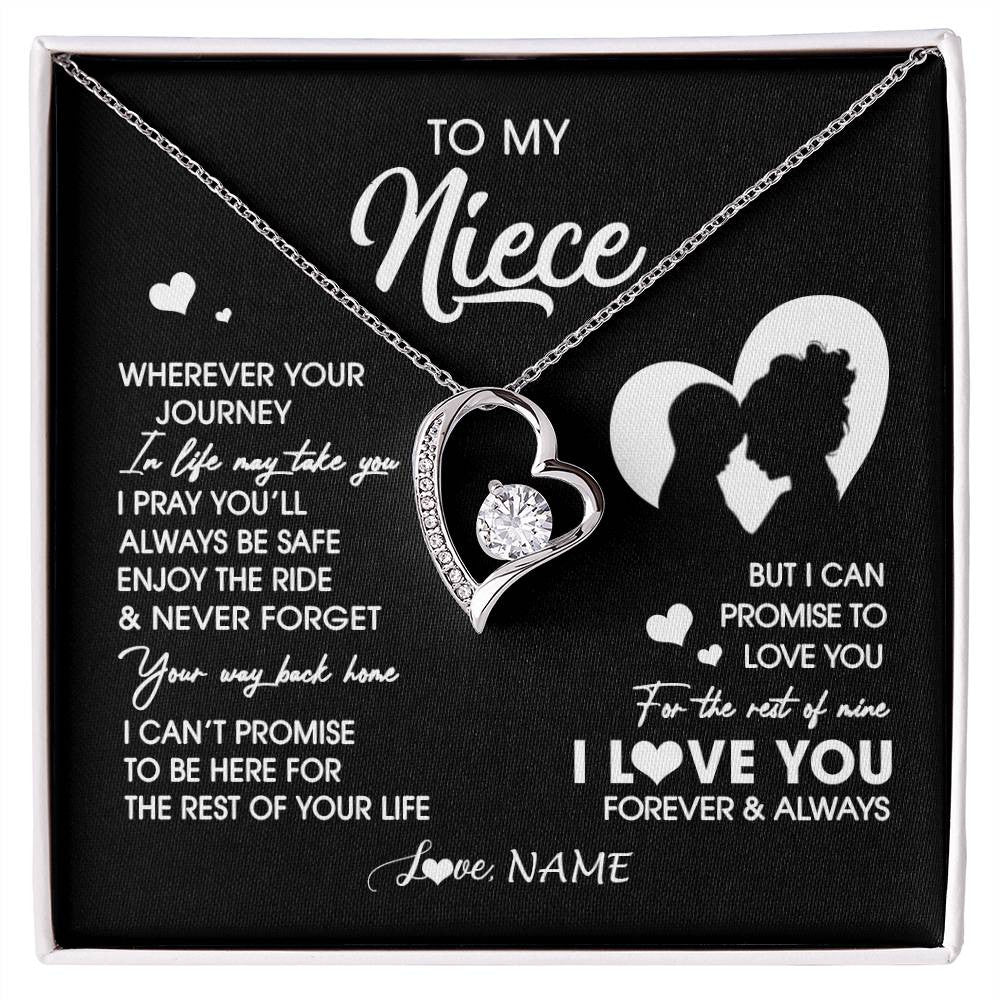 Forever Love Necklace 14K White Gold Finish | 1 | Personalized To My Niece Necklace From Aunt Auntie Wherever Your Journey Niece Birthday Gifts Jewelry Graduation Christmas Customized Gift Box Message Card | siriusteestore