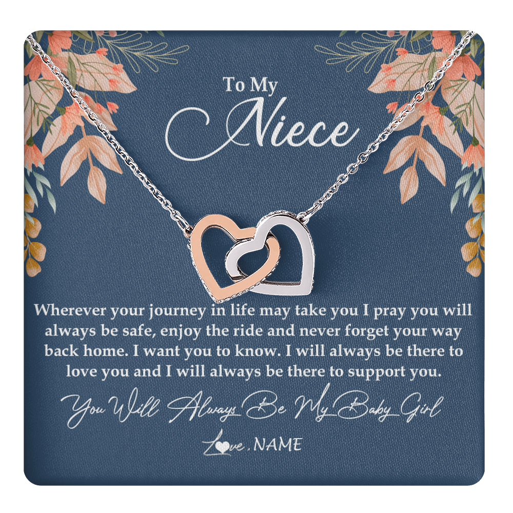 Interlocking Hearts Necklace Stainless Steel & Rose Gold Finish | 1 | Personalized To My Niece Necklace From Aunt Auntie You Will Always Be My Baby Niece Jewelry Birthday Graduation Christmas Customized Gift Box Message Card | siriusteestore