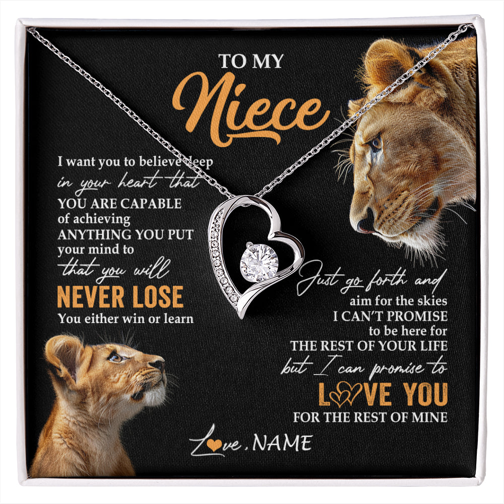 Forever Love Necklace 14K White Gold Finish | 1 | Personalized To My Niece Necklace From Aunt Auntie You Will Never Lose Lion Niece Birthday Gifts Graduation Christmas Customized Gift Box Message Card | siriusteestore