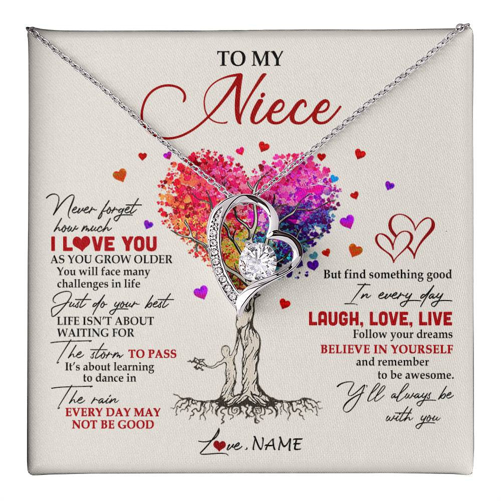 Forever Love Necklace 14K White Gold Finish | 1 | Personalized To My Niece Necklace From Aunt Aunty Colorful Tree Never Forget I Love You Niece Birthday Graduation Christmas Customized Gift Box Message Card | siriusteestore