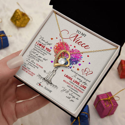 Forever Love Necklace 18K Yellow Gold Finish | 2 | Personalized To My Niece Necklace From Aunt Aunty Colorful Tree Never Forget I Love You Niece Birthday Graduation Christmas Customized Gift Box Message Card | siriusteestore
