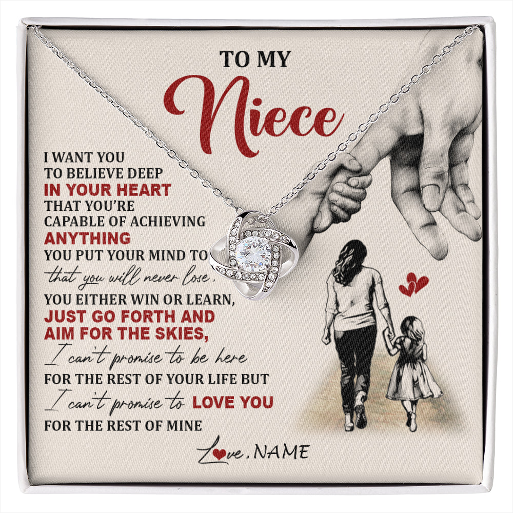 Love Knot Necklace 14K White Gold Finish | 1 | Personalized To My Niece Necklace From Aunt Promise To Love You Niece Birthday Valentines Day Graduation Christmas Customized Gift Box Message Card | siriusteestore