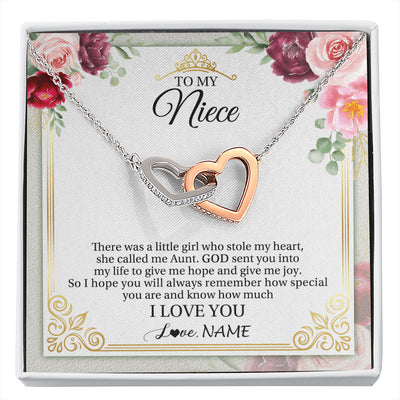 Interlocking Hearts Necklace Stainless Steel & Rose Gold Finish | 1 | Personalized To My Niece Necklace From Aunt There Was A Little Girl Niece Birthday Gifts Jewelry Graduation Christmas Customized Gift Box Message Card | siriusteestore