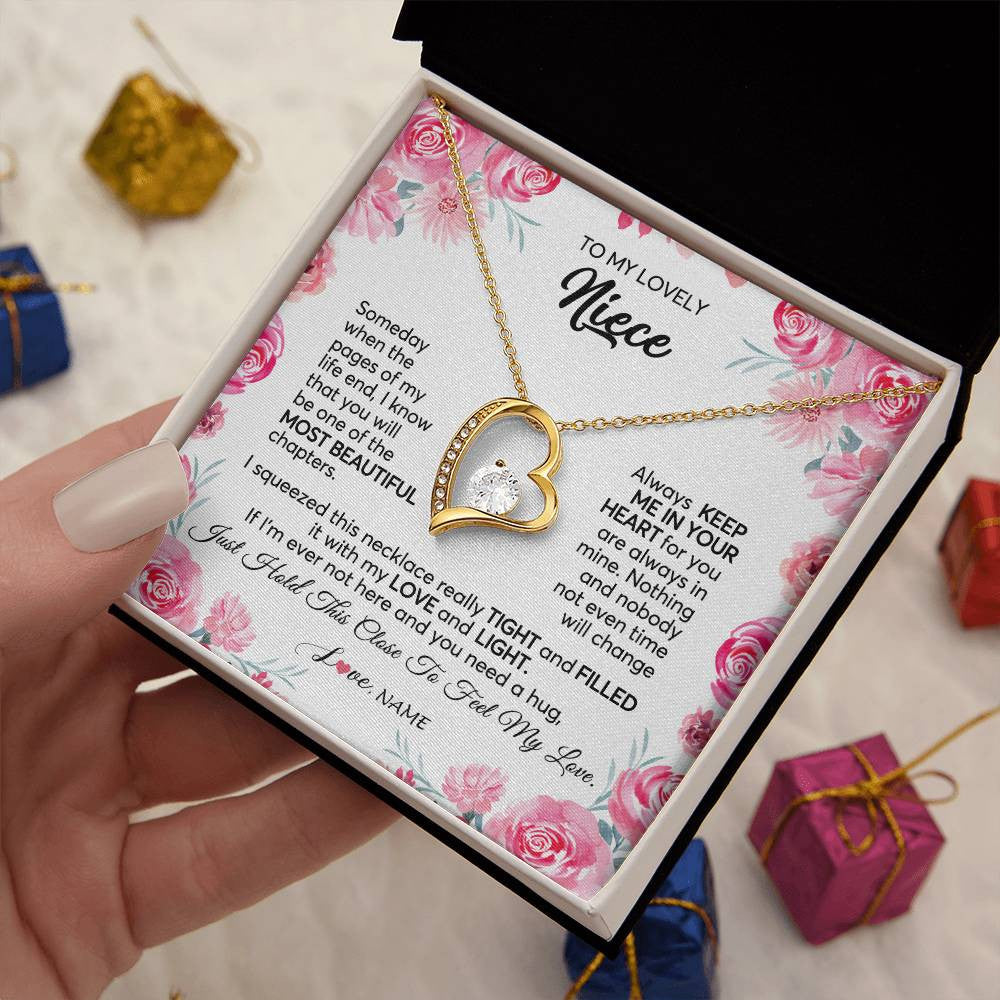 Forever Love Necklace 18K Yellow Gold Finish | 2 | Personalized To My Niece Necklace From Aunt Uncle Always Keep Me in Your Heart Niece Jewelry Pendant Birthday Graduation Christmas Customized Message Card | siriusteestore