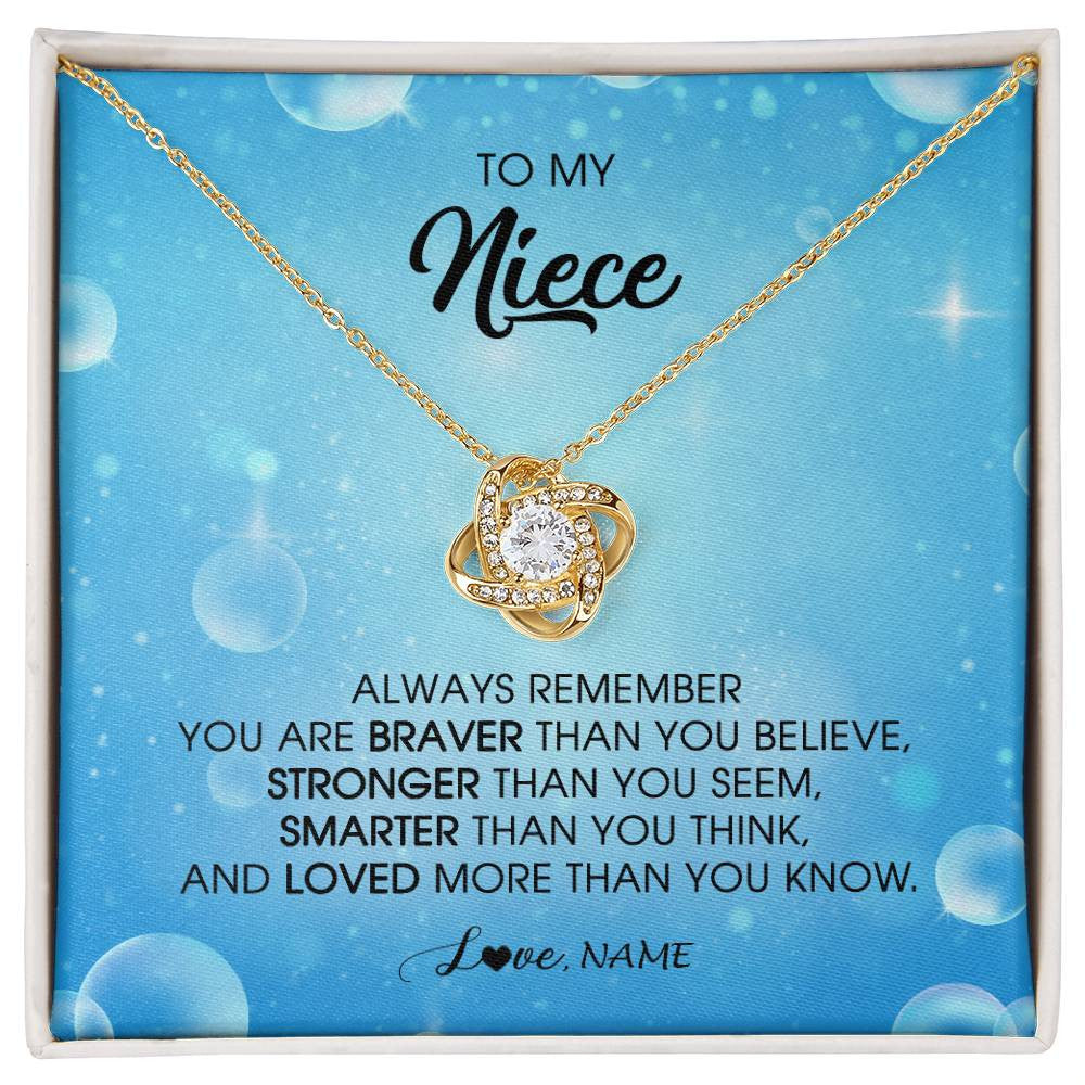 Love Knot Necklace 18K Yellow Gold Finish | Personalized To My Niece Necklace From Aunt Uncle Auntie Always Remember You Are Braver Niece Pendant Jewelry Birthday Christmas Customized Message Card | siriusteestore