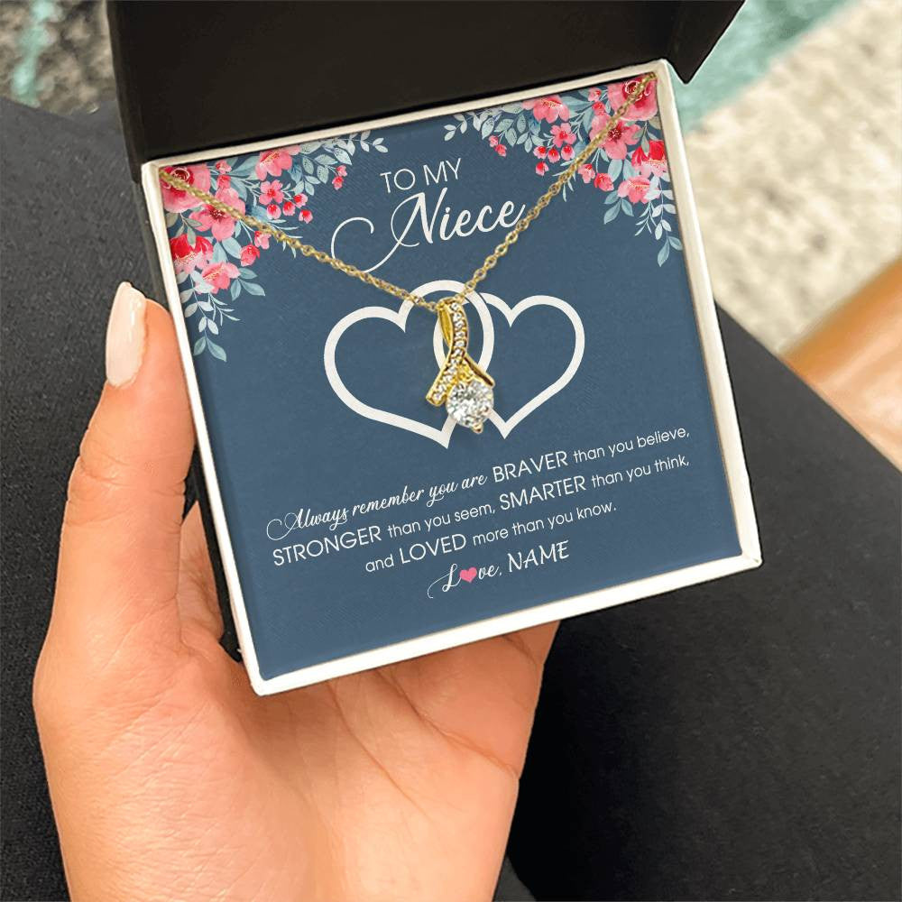Alluring Beauty Necklace 18K Yellow Gold Finish | Personalized To My Niece Necklace From Aunt Uncle Auntie Braver Stronger Smarter Loved Niece Pendant Jewelry Birthday Christmas Customized Message Card | siriusteestore
