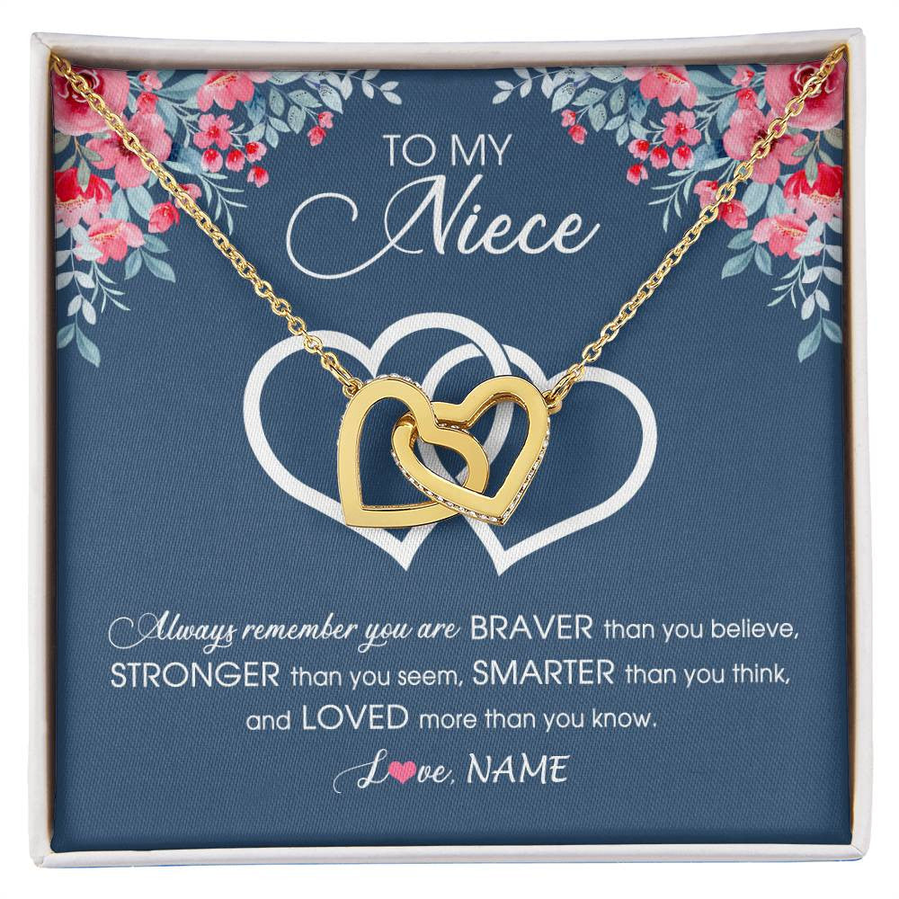 Interlocking Hearts Necklace 18K Yellow Gold Finish | Personalized To My Niece Necklace From Aunt Uncle Auntie Braver Stronger Smarter Loved Niece Pendant Jewelry Birthday Christmas Customized Message Card | siriusteestore