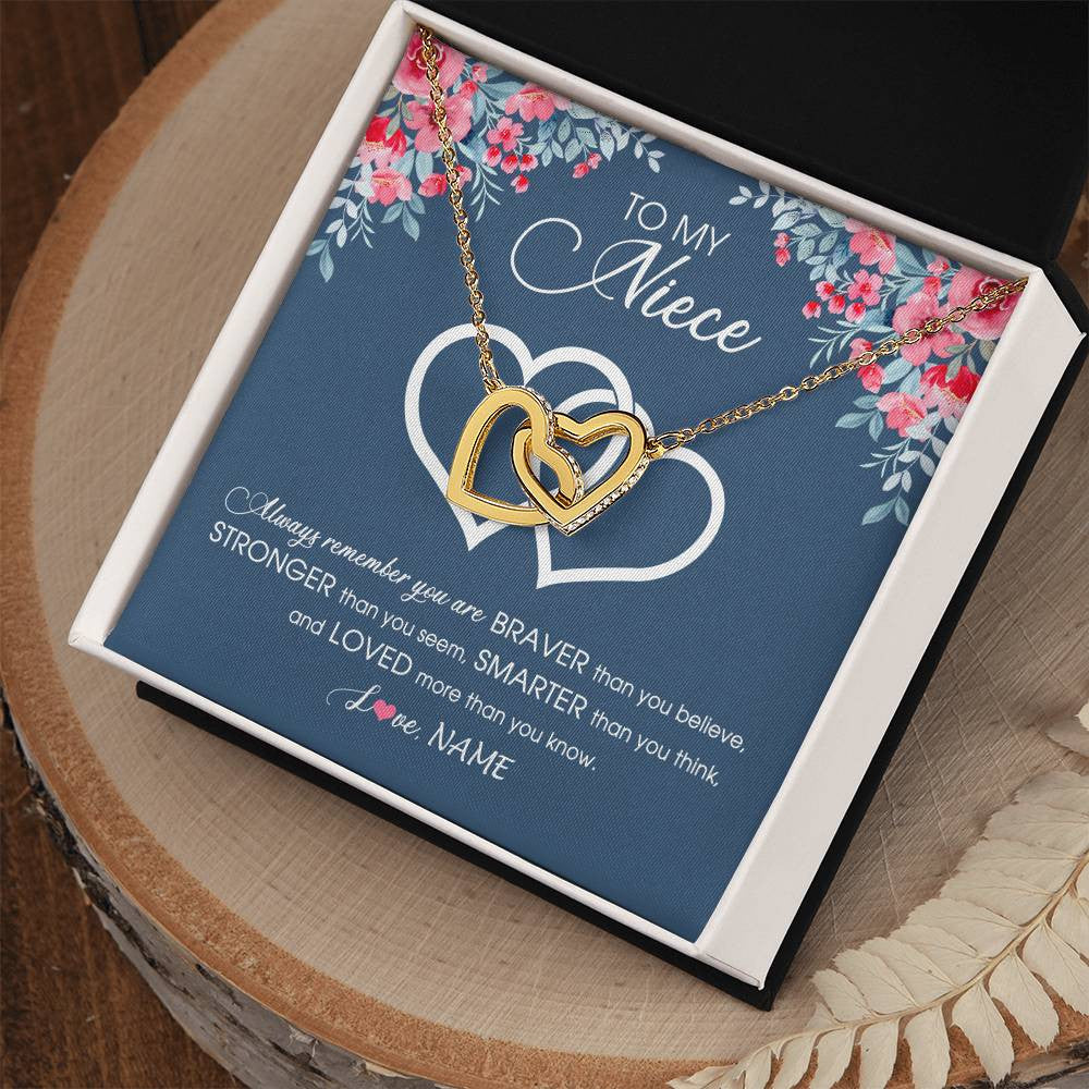 Interlocking Hearts Necklace 18K Yellow Gold Finish | Personalized To My Niece Necklace From Aunt Uncle Auntie Braver Stronger Smarter Loved Niece Pendant Jewelry Birthday Christmas Customized Message Card | siriusteestore