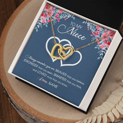 Interlocking Hearts Necklace 18K Yellow Gold Finish | Personalized To My Niece Necklace From Aunt Uncle Auntie Braver Stronger Smarter Loved Niece Pendant Jewelry Birthday Christmas Customized Message Card | siriusteestore