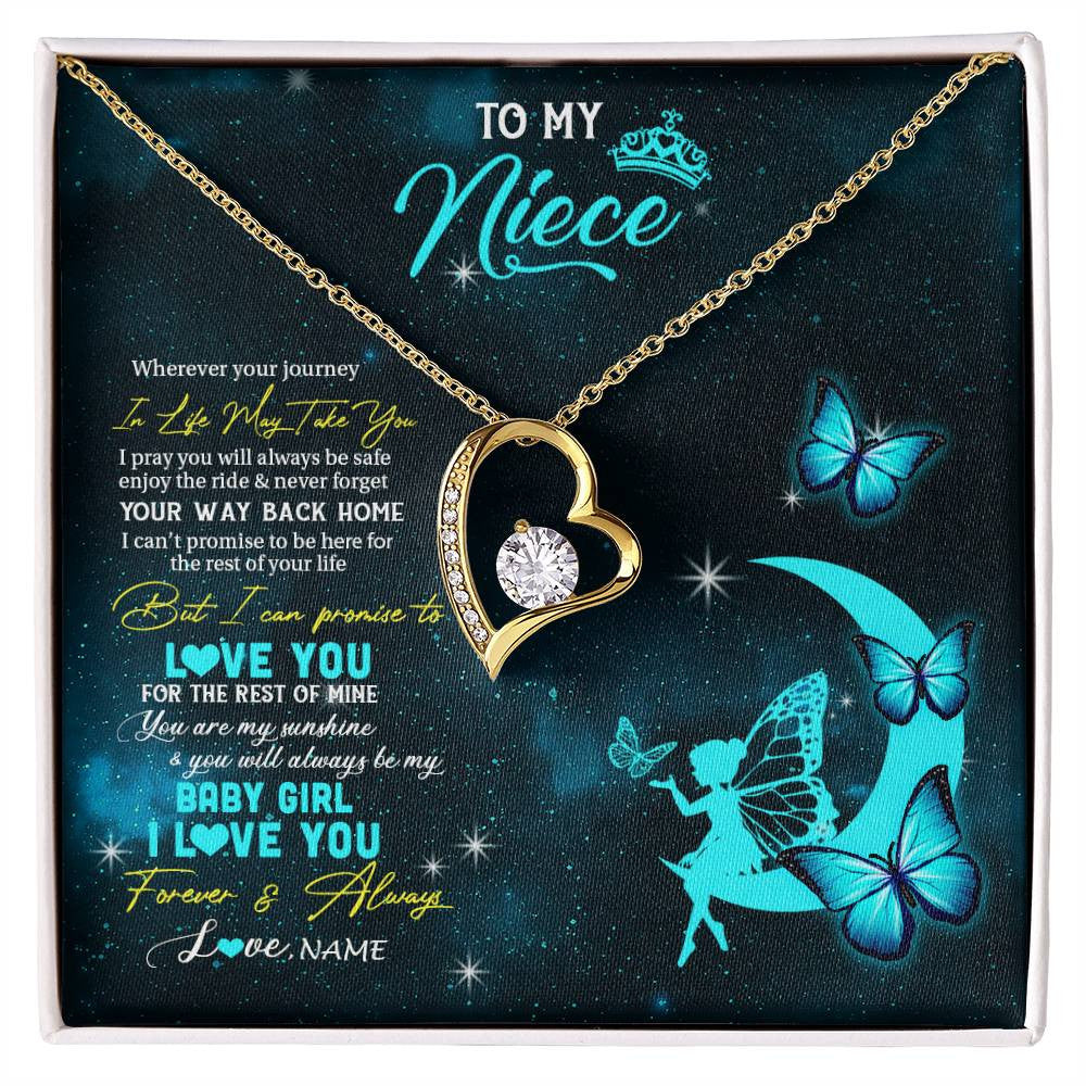 Forever Love Necklace 18K Yellow Gold Finish | 1 | Personalized To My Niece Necklace From Aunt Uncle Auntie Fairy Silhouette Fantasy Moon Niece Birthday Christmas Jewelry Customized Gift Box Message Card | siriusteestore