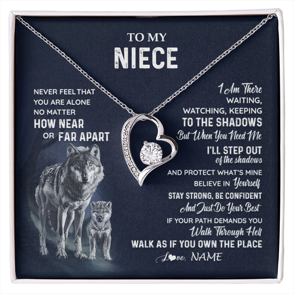 Forever Love Necklace 14K White Gold Finish | 1 | Personalized To My Niece Necklace From Aunt Uncle Auntie Never Feel You Are Alone Wolf Niece Birthday Graduation Christmas Customized Gift Box Message Card | siriusteestore