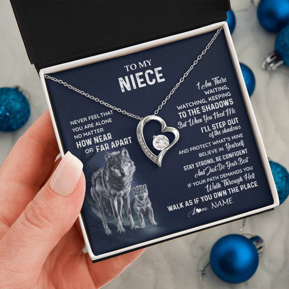 Forever Love Necklace 14K White Gold Finish | 2 | Personalized To My Niece Necklace From Aunt Uncle Auntie Never Feel You Are Alone Wolf Niece Birthday Graduation Christmas Customized Gift Box Message Card | siriusteestore
