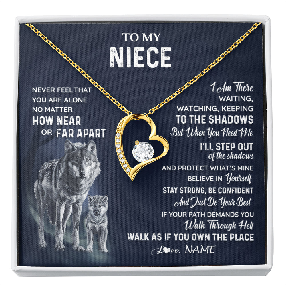 Forever Love Necklace 18K Yellow Gold Finish | 1 | Personalized To My Niece Necklace From Aunt Uncle Auntie Never Feel You Are Alone Wolf Niece Birthday Graduation Christmas Customized Gift Box Message Card | siriusteestore