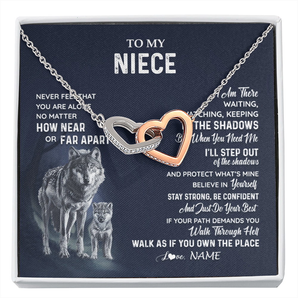 Interlocking Hearts Necklace Stainless Steel & Rose Gold Finish | 1 | Personalized To My Niece Necklace From Aunt Uncle Auntie Never Feel You Are Alone Wolf Niece Birthday Graduation Christmas Customized Gift Box Message Card | siriusteestore