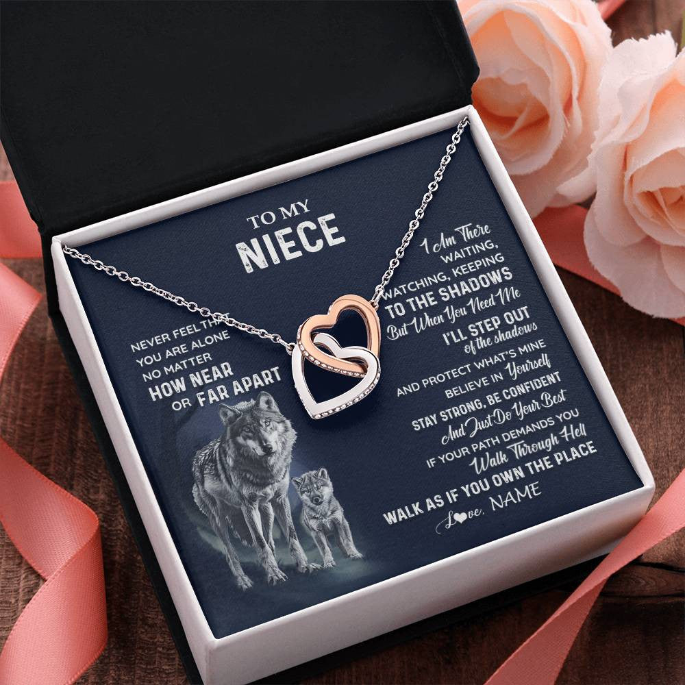 Interlocking Hearts Necklace Stainless Steel & Rose Gold Finish | 2 | Personalized To My Niece Necklace From Aunt Uncle Auntie Never Feel You Are Alone Wolf Niece Birthday Graduation Christmas Customized Gift Box Message Card | siriusteestore