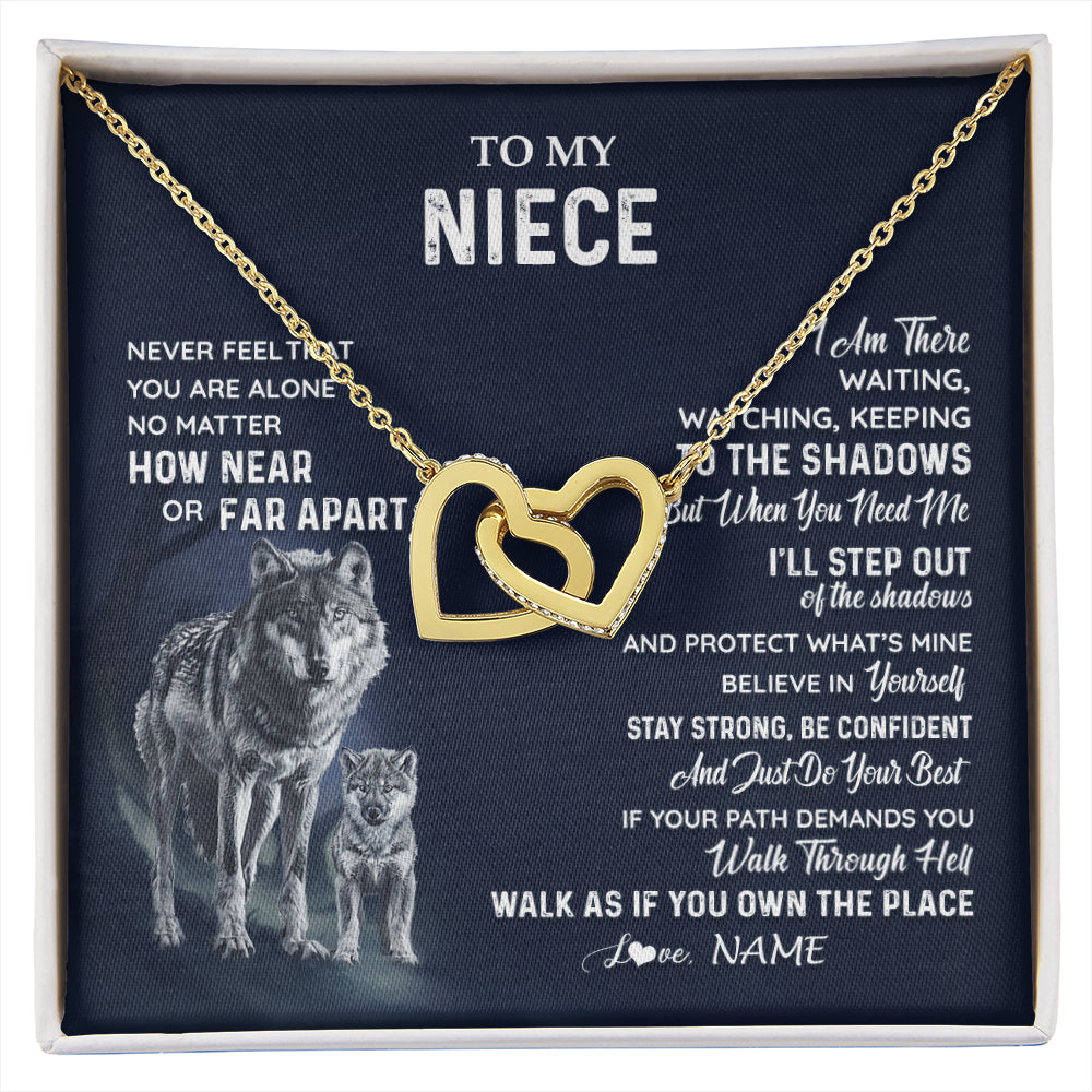 Interlocking Hearts Necklace 18K Yellow Gold Finish | 1 | Personalized To My Niece Necklace From Aunt Uncle Auntie Never Feel You Are Alone Wolf Niece Birthday Graduation Christmas Customized Gift Box Message Card | siriusteestore