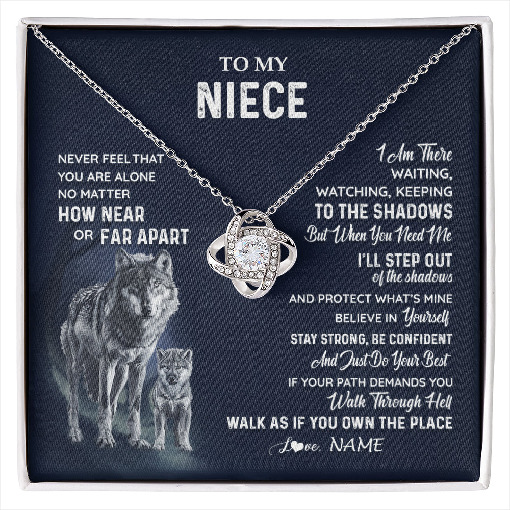 Love Knot Necklace 14K White Gold Finish | 1 | Personalized To My Niece Necklace From Aunt Uncle Auntie Never Feel You Are Alone Wolf Niece Birthday Graduation Christmas Customized Gift Box Message Card | siriusteestore