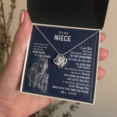 Love Knot Necklace 14K White Gold Finish | 2 | Personalized To My Niece Necklace From Aunt Uncle Auntie Never Feel You Are Alone Wolf Niece Birthday Graduation Christmas Customized Gift Box Message Card | siriusteestore