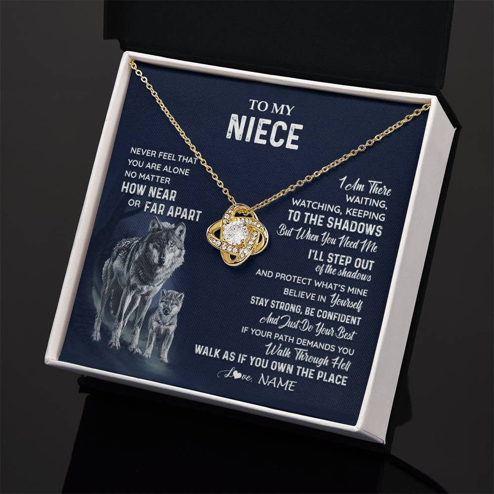 Love Knot Necklace 18K Yellow Gold Finish | 2 | Personalized To My Niece Necklace From Aunt Uncle Auntie Never Feel You Are Alone Wolf Niece Birthday Graduation Christmas Customized Gift Box Message Card | siriusteestore