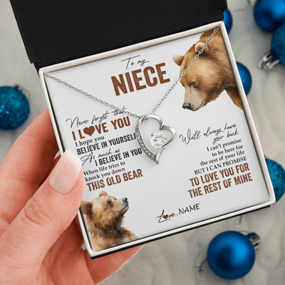 Forever Love Necklace 14K White Gold Finish | 2 | Personalized To My Niece Necklace From Aunt Uncle Auntie Never Forget That I Love You Bear Niece Birthday Graduation Christmas Customized Gift Box Message Card | siriusteestore