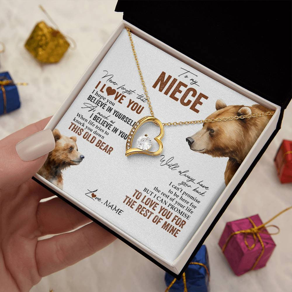 Forever Love Necklace 18K Yellow Gold Finish | 2 | Personalized To My Niece Necklace From Aunt Uncle Auntie Never Forget That I Love You Bear Niece Birthday Graduation Christmas Customized Gift Box Message Card | siriusteestore