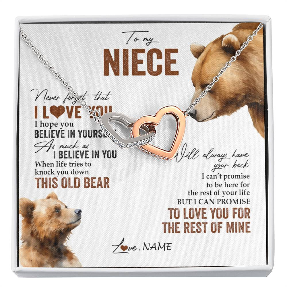 Interlocking Hearts Necklace Stainless Steel & Rose Gold Finish | 1 | Personalized To My Niece Necklace From Aunt Uncle Auntie Never Forget That I Love You Bear Niece Birthday Graduation Christmas Customized Gift Box Message Card | siriusteestore