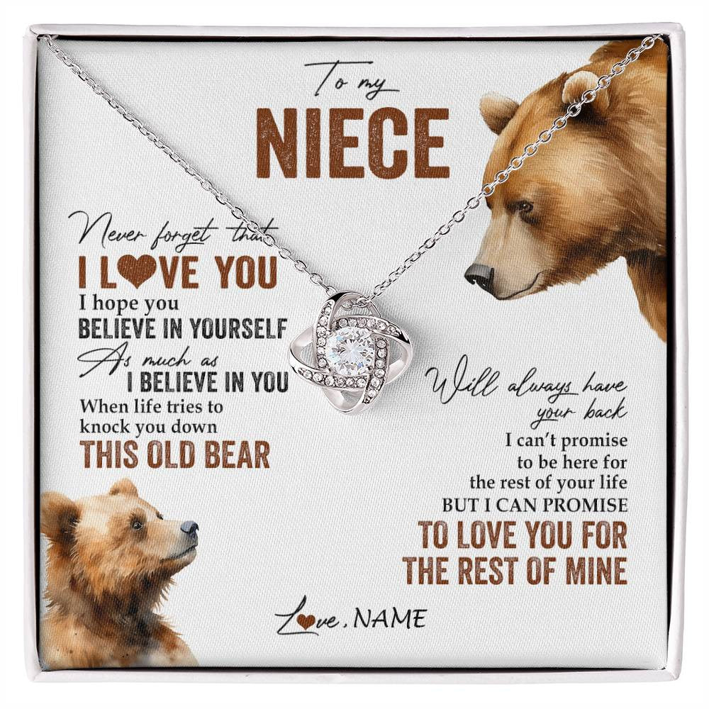 Love Knot Necklace 14K White Gold Finish | 1 | Personalized To My Niece Necklace From Aunt Uncle Auntie Never Forget That I Love You Bear Niece Birthday Graduation Christmas Customized Gift Box Message Card | siriusteestore