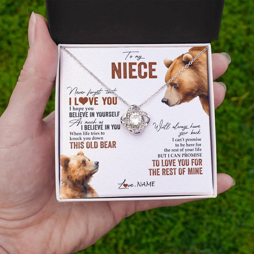 Love Knot Necklace 14K White Gold Finish | 2 | Personalized To My Niece Necklace From Aunt Uncle Auntie Never Forget That I Love You Bear Niece Birthday Graduation Christmas Customized Gift Box Message Card | siriusteestore
