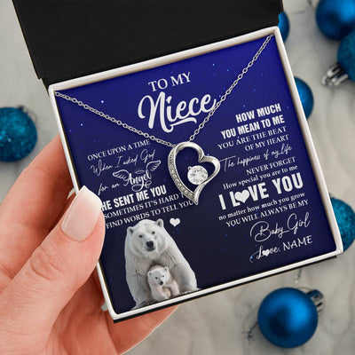 Forever Love Necklace 14K White Gold Finish | 2 | Personalized To My Niece Necklace From Aunt Uncle Auntie Polar Bear Never Forget I Love You Niece Birthday Christmas Jewelry Customized Gift Box Message Card | siriusteestore