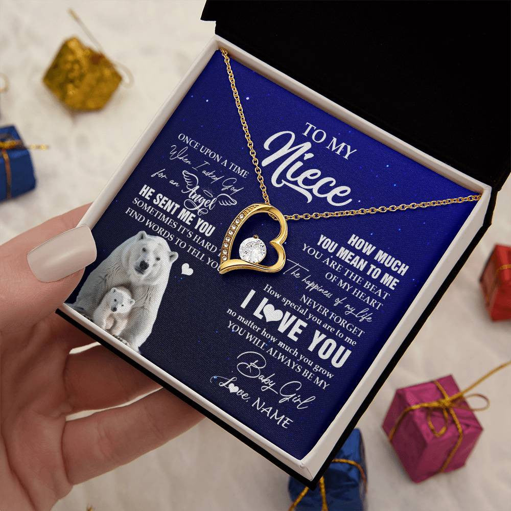 Forever Love Necklace 18K Yellow Gold Finish | 2 | Personalized To My Niece Necklace From Aunt Uncle Auntie Polar Bear Never Forget I Love You Niece Birthday Christmas Jewelry Customized Gift Box Message Card | siriusteestore