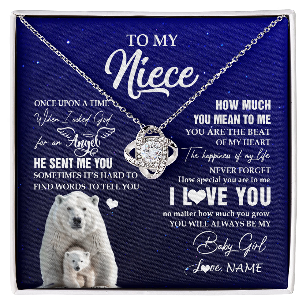 Love Knot Necklace 14K White Gold Finish | 1 | Personalized To My Niece Necklace From Aunt Uncle Auntie Polar Bear Never Forget I Love You Niece Birthday Christmas Jewelry Customized Gift Box Message Card | siriusteestore
