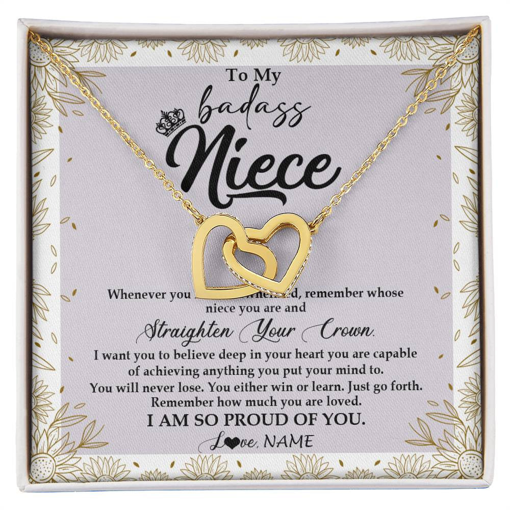 Interlocking Hearts Necklace 18K Yellow Gold Finish | Personalized To My Niece Necklace From Aunt Uncle Auntie Straighten Your Crown Niece Birthday Christmas Graduation Jewelry Customized Gift Box Message Card | siriusteestore