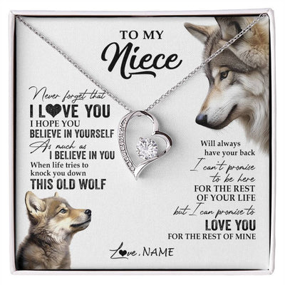 Forever Love Necklace 14K White Gold Finish | 1 | Personalized To My Niece Necklace From Aunt Uncle Auntie This Old Wolf Love You Niece Birthday Graduation Christmas Customized Gift Box Message Card | siriusteestore