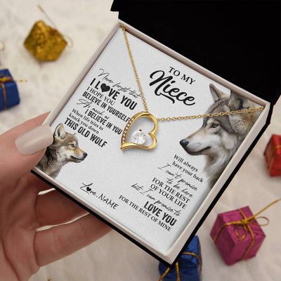 Forever Love Necklace 18K Yellow Gold Finish | 2 | Personalized To My Niece Necklace From Aunt Uncle Auntie This Old Wolf Love You Niece Birthday Graduation Christmas Customized Gift Box Message Card | siriusteestore