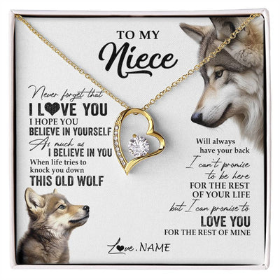 Forever Love Necklace 18K Yellow Gold Finish | 1 | Personalized To My Niece Necklace From Aunt Uncle Auntie This Old Wolf Love You Niece Birthday Graduation Christmas Customized Gift Box Message Card | siriusteestore