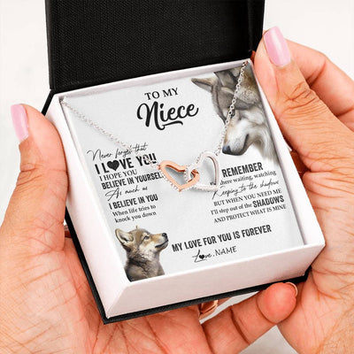 Interlocking Hearts Necklace Stainless Steel & Rose Gold Finish | 2 | Personalized To My Niece Necklace From Aunt Uncle Auntie Wolf My Love For You Is Forever Niece Birthday Graduation Christmas Customized Gift Box Message Card | siriusteestore