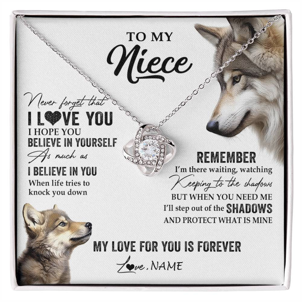 Love Knot Necklace 14K White Gold Finish | 1 | Personalized To My Niece Necklace From Aunt Uncle Auntie Wolf My Love For You Is Forever Niece Birthday Graduation Christmas Customized Gift Box Message Card | siriusteestore