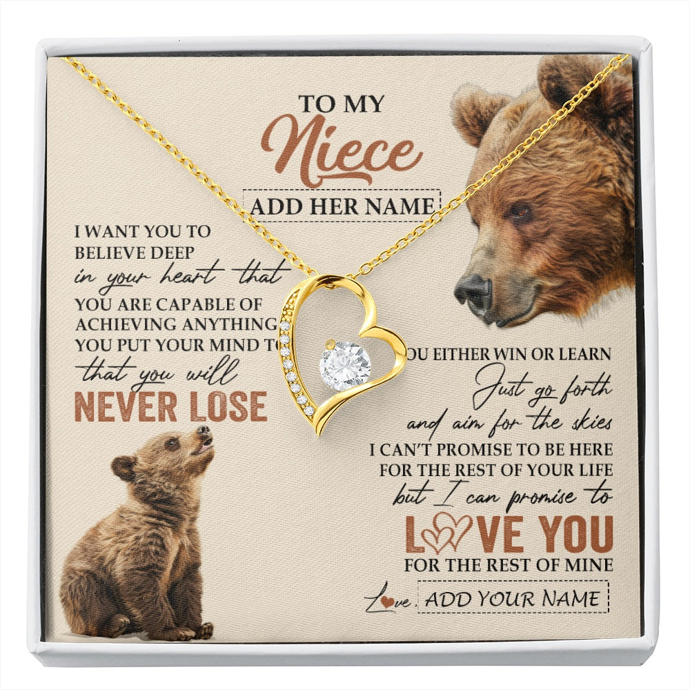 Forever Love Necklace 18K Yellow Gold Finish | 1 | Personalized To My Niece Necklace From Aunt Uncle Auntie You Will Never Lose Bear Niece Birthday Gifts Graduation Christmas Customized Gift Box Message Card | siriusteestore.myshopify