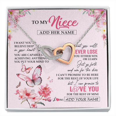 Interlocking Hearts Necklace Stainless Steel & Rose Gold Finish | 1 | Personalized To My Niece Necklace From Aunt Uncle Auntie You Will Never Lose Butterfly Niece Birthday Gifts Graduation Christmas Custom Gift Box Message Card | siriusteestore
