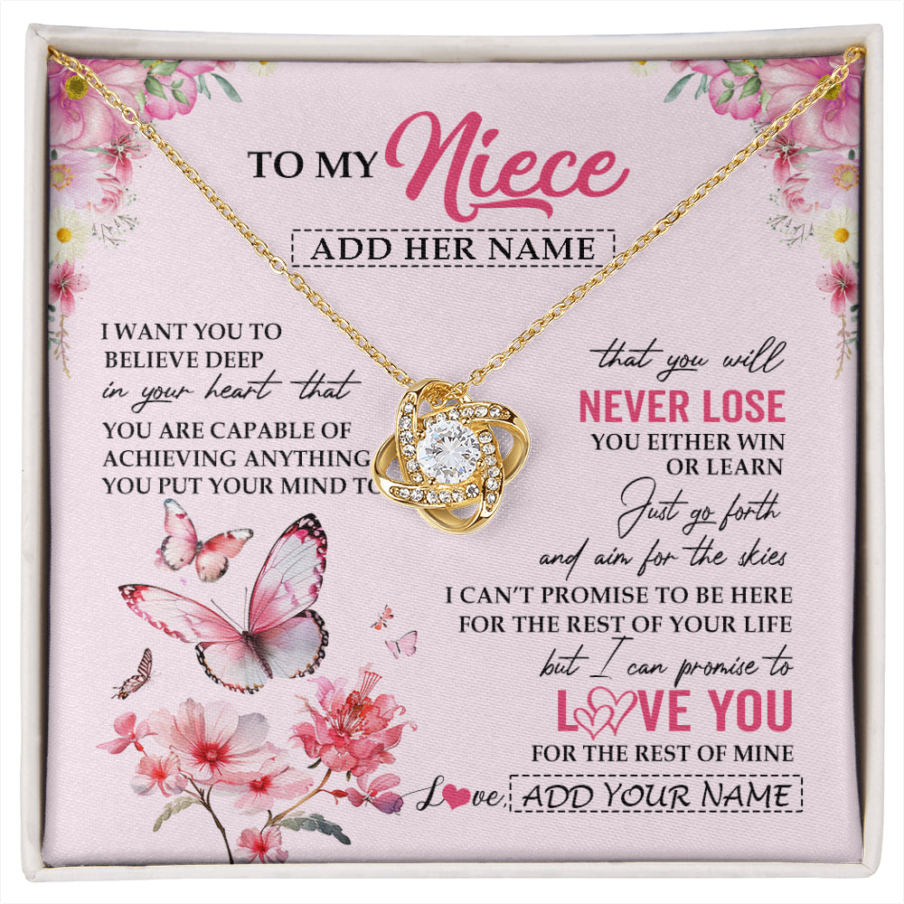 Love Knot Necklace 18K Yellow Gold Finish | 1 | Personalized To My Niece Necklace From Aunt Uncle Auntie You Will Never Lose Butterfly Niece Birthday Gifts Graduation Christmas Custom Gift Box Message Card | siriusteestore