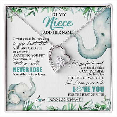 Forever Love Necklace 14K White Gold Finish | 1 | Personalized To My Niece Necklace From Aunt Uncle Auntie You Will Never Lose Elephant Niece Birthday Gifts Graduation Christmas Custom Gift Box Message Card | siriusteestore