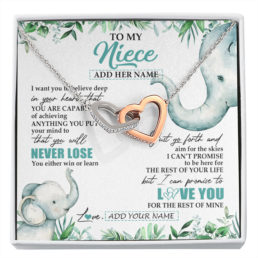 Interlocking Hearts Necklace Stainless Steel & Rose Gold Finish | 1 | Personalized To My Niece Necklace From Aunt Uncle Auntie You Will Never Lose Elephant Niece Birthday Gifts Graduation Christmas Custom Gift Box Message Card | siriusteestore
