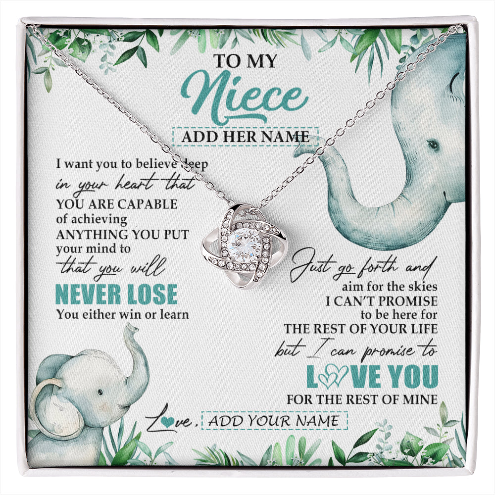 Love Knot Necklace 14K White Gold Finish | 1 | Personalized To My Niece Necklace From Aunt Uncle Auntie You Will Never Lose Elephant Niece Birthday Gifts Graduation Christmas Custom Gift Box Message Card | siriusteestore